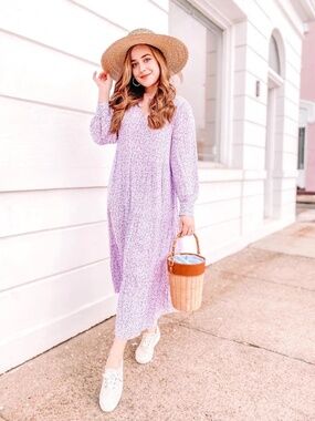A New Day Lavender Floral Tiered Midi Dress XXL Boho Cottagecore Long Sleeve
